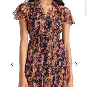 Shoshanna Pink and Orange Smocked Ruffled Midi Dress